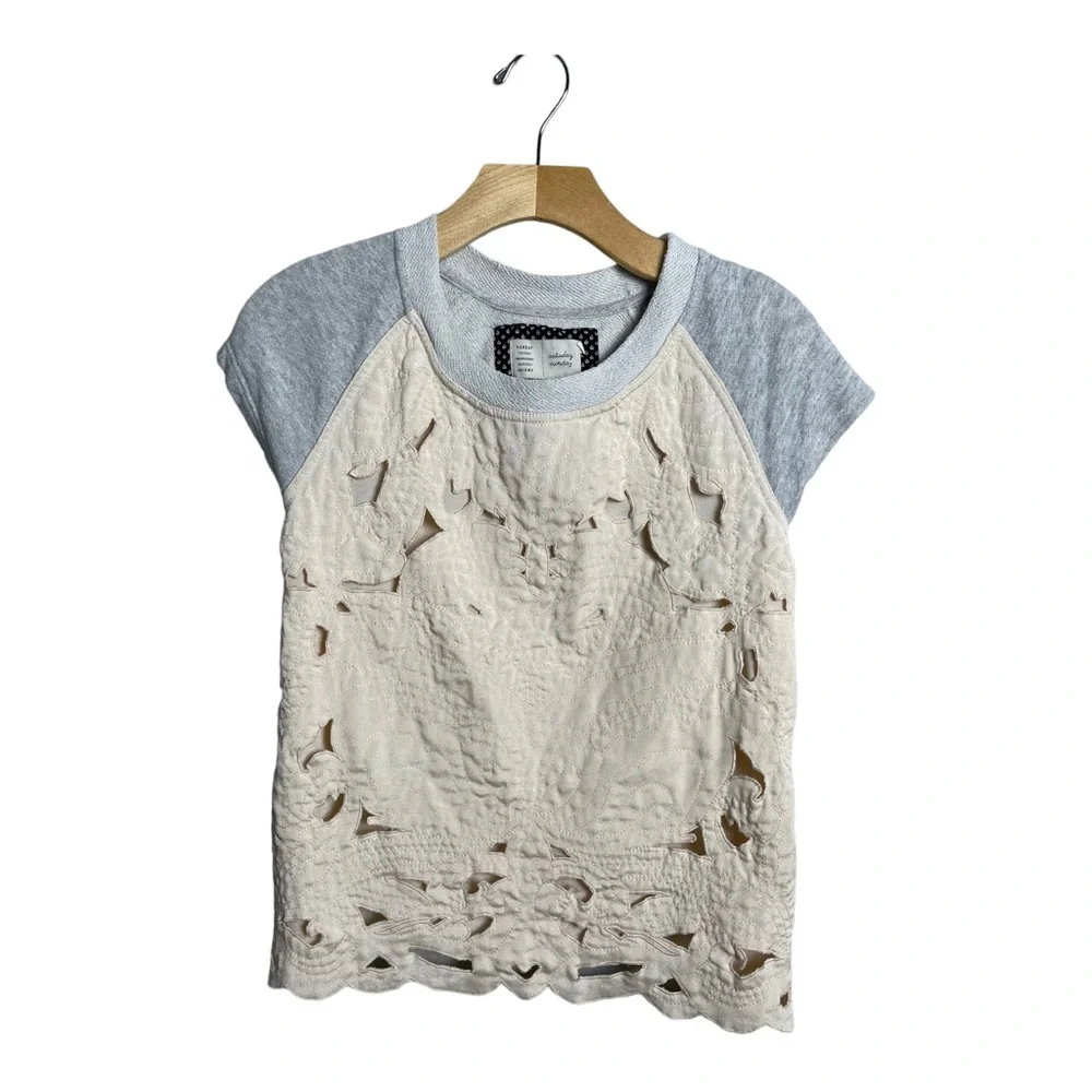 Anthropologie Saturday Sunday Millie Quilted Cut Out Gray Crewneck Top Sz Small - Picture 2 of 10